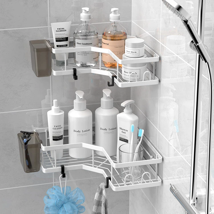 2pcsNo Drilling Adhesive Corner Wall Mounted Black Bathroom Shelves Shower Caddy Shower Caddy Storage Rack Wall Bathroom Shelve