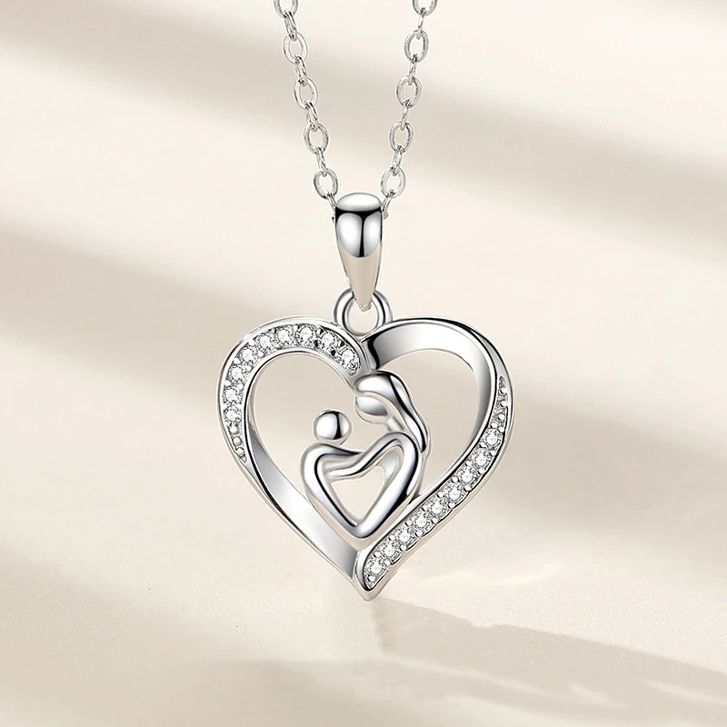 SPJ Trendy 925 Sterling Silver heart Shaped Mothers Son Concentric Pendant with Diamond Rhodium Plated Necklaces For Mom