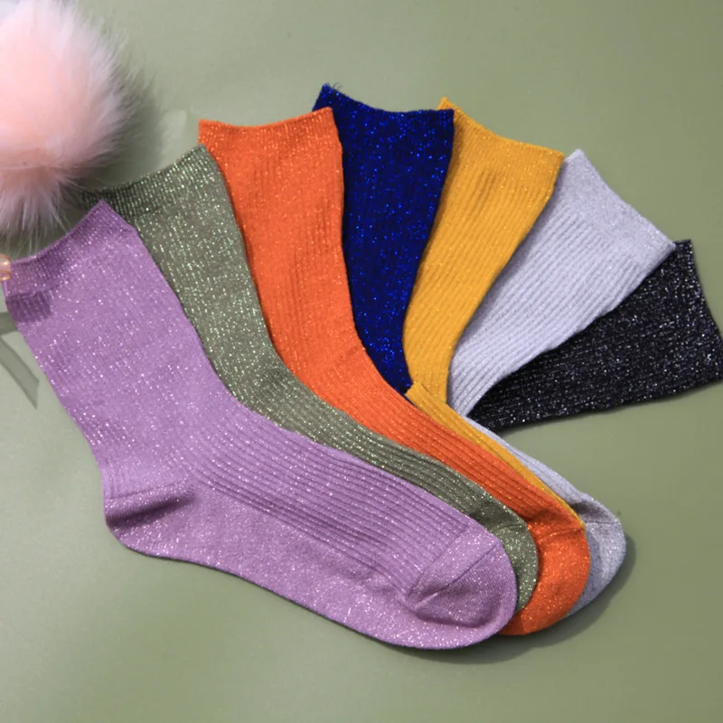 Wholesale Fashion Silver Gold Yarn Shiny Slouch Glitter Socks For Ladies