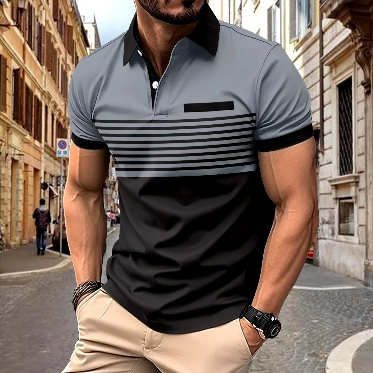 2024 Summer New Mens Slim Casual Polo Shirt Color Matching T-shirt for Man T-shirt Chest Button Printed Striped Short Sleeve