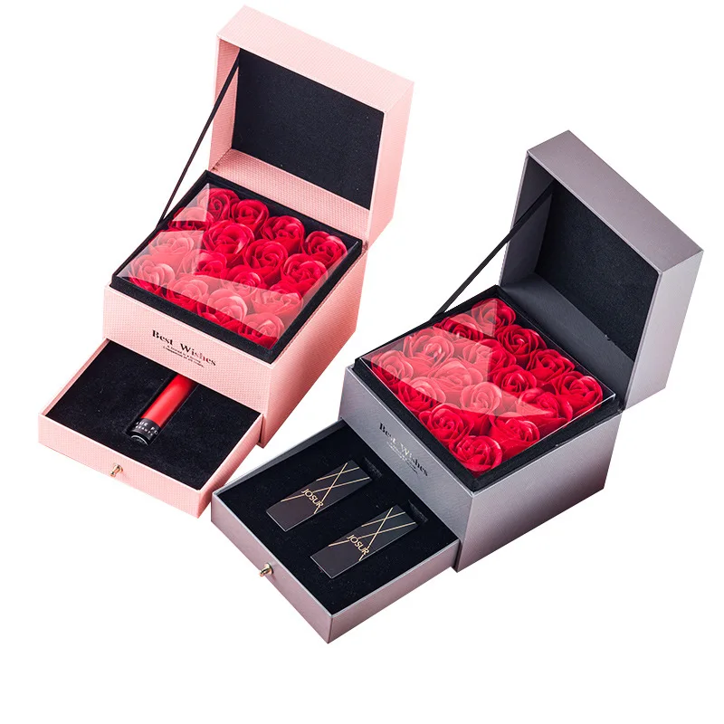 
Gift Box Artificial Flower Lipgloss Rose Romantic Layered Gift Box Small Pink Drawer Gift Box 