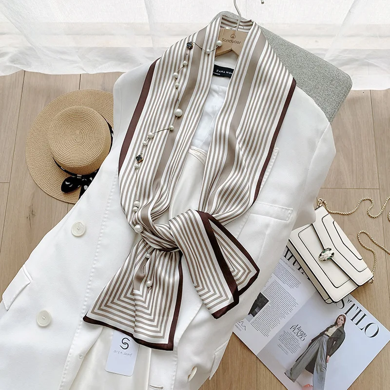 Simple double-sided stripe simulation silk long scarf Satin double-layer scarf French elegant retro hair band