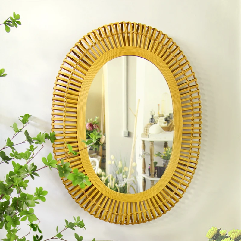 Fancy Pastoral Farmhouse Accents Decorative Oval Rattan Bamboo Frame Mirrors Decor Art Hanging Wall Mounted Mirror