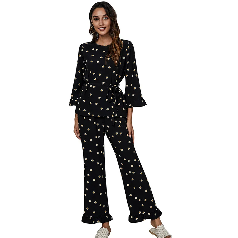 Gaun Wanita Ropa De Mujeres De Moda Wholesale Fashion Elegant Print Lace Up Long Sleeve 2 Piece Sets For Women