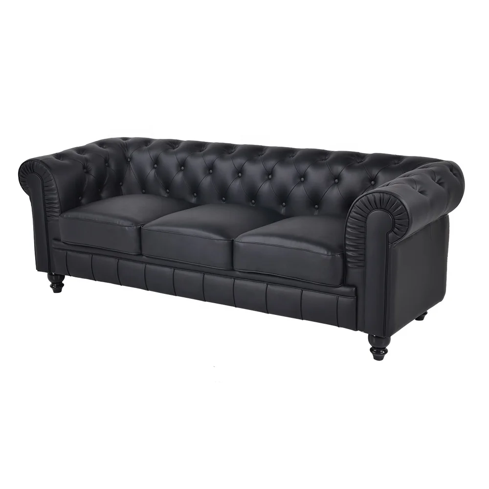 living room furniture chesterfield roll arm sofa couch classic black 3 seater button tufted leather sofa
