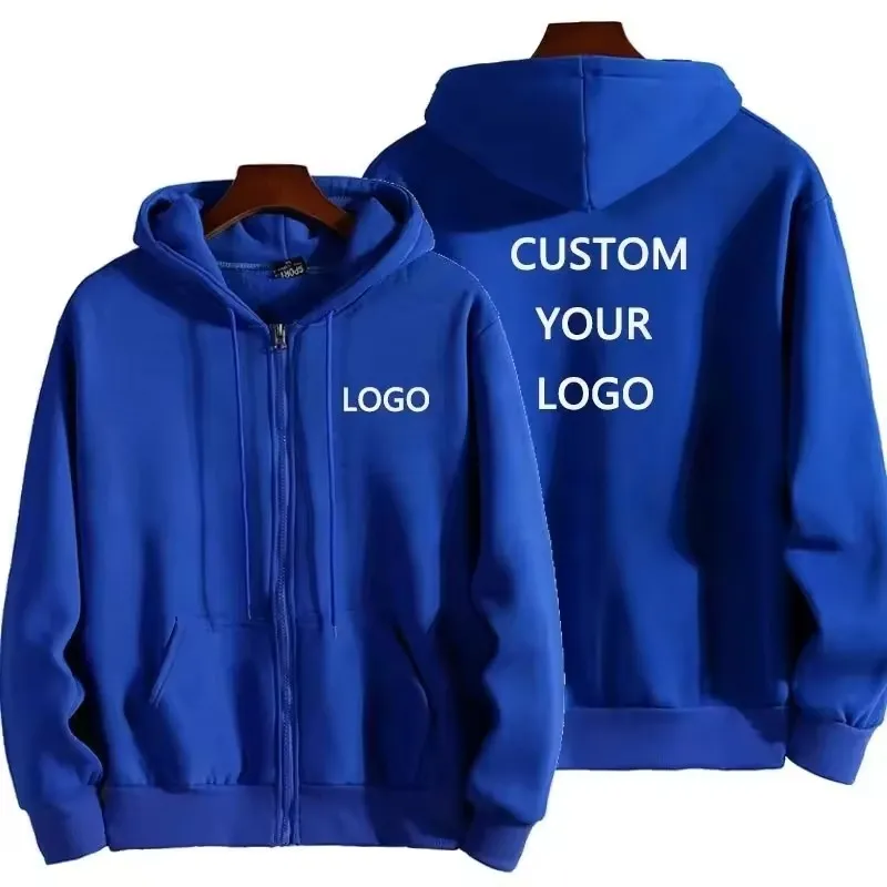 Custom Logo Embroidery Print Men Women With Zipper Jacket Coat Hooded Hoods Sweatshirt Long-Sleeved Pullover Solid Color Hoodie