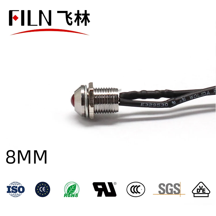 8mm short Waterproof IP67 LED Metal Warning Indicator Light Signal Lamp Pilot + wire 3V 5V 6V 12V 24V 110V 220v Red Yellow Blue