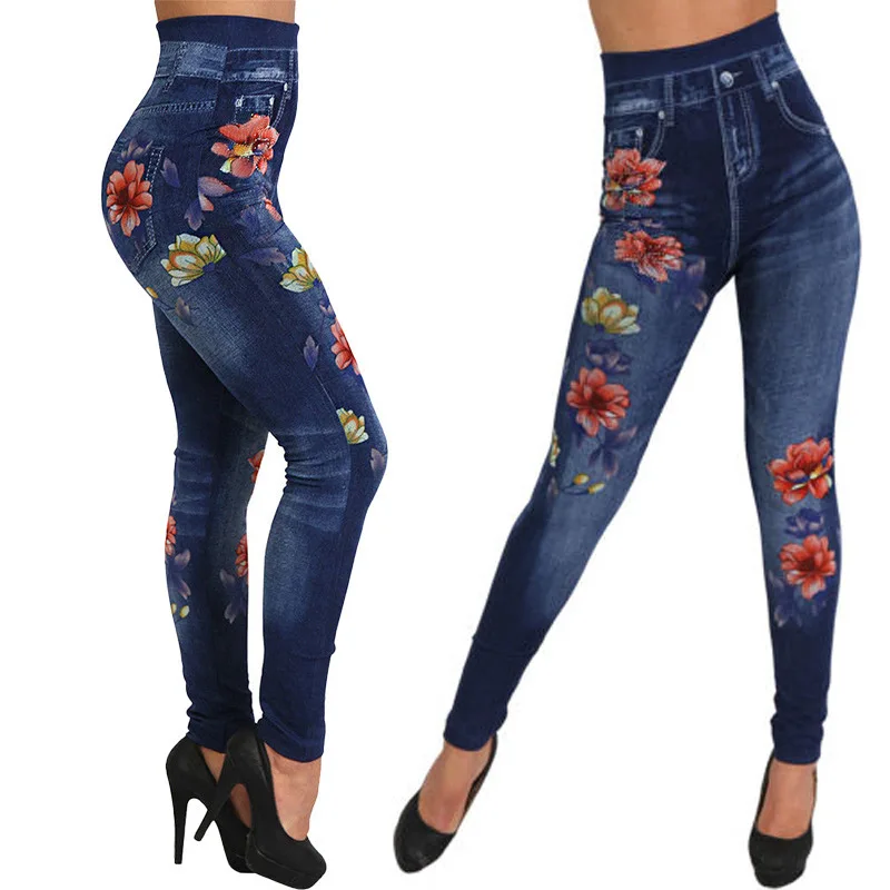New Women Lift the Hips Leggings Floral Print High Elastic Slim Long Pants Seamless Imitate Jeans Leggings