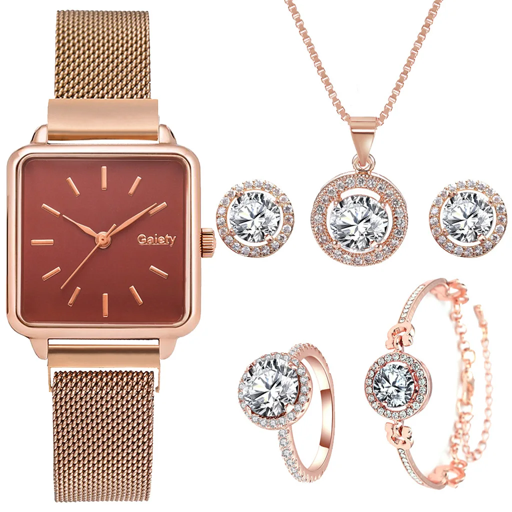 Magnetic Buckle Quartz Watch Diamond jewelry Lady Watch Set 5 Piece Bracelet Necklace Earrings Ring Watch Set For Women Gift Set