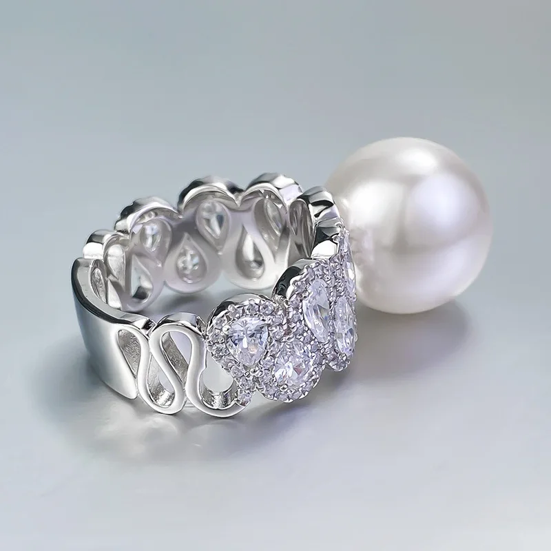New 925 Silver Ring, Female Designer 14mm Pearl Ring with Luxury Inlaid Ring, Wedding Jewelry Wholesale