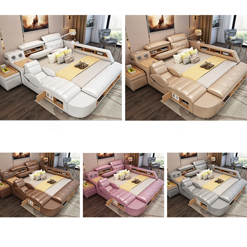 
Modern leather Fabric Bed with Storage Box function Bedroom Furniture set Chestrfield Style multimedia speaker USB charger 