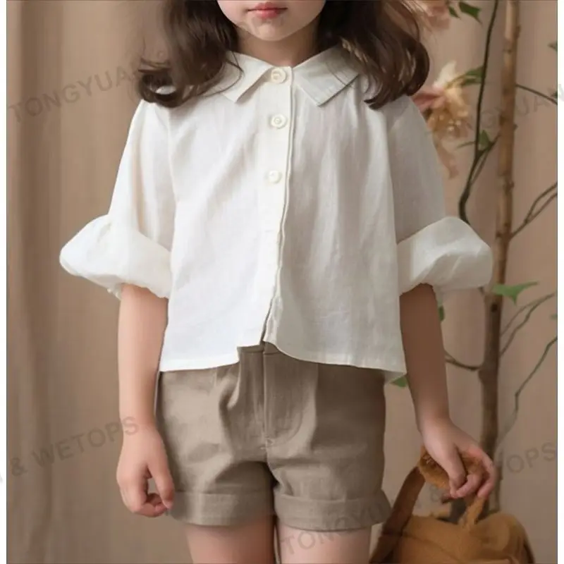 Korean Style Kids Girls White Blouse Beautiful Children Linen Cotton Shirts