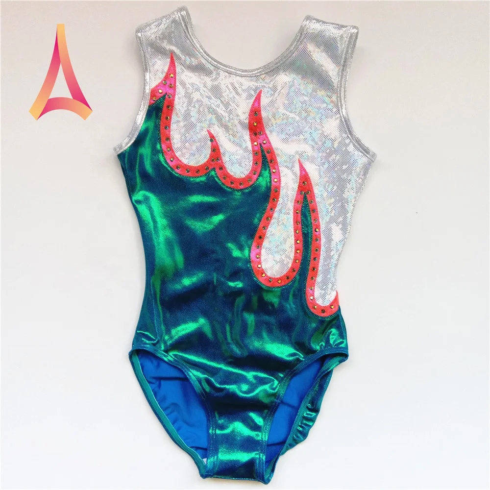 Nylon Spandex Rhythmic Gymnastics Leotards Flame Tank Leotard with Crystal