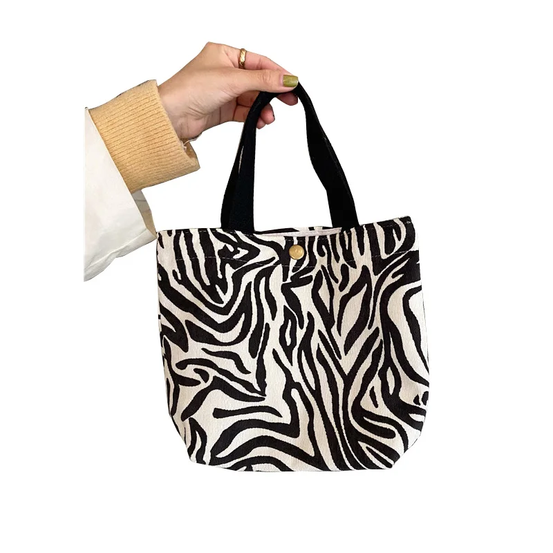 Wholesale hand-held zebra leopard cow print corduroy tote bag women bucket handbags ladies vintage mini tote bag