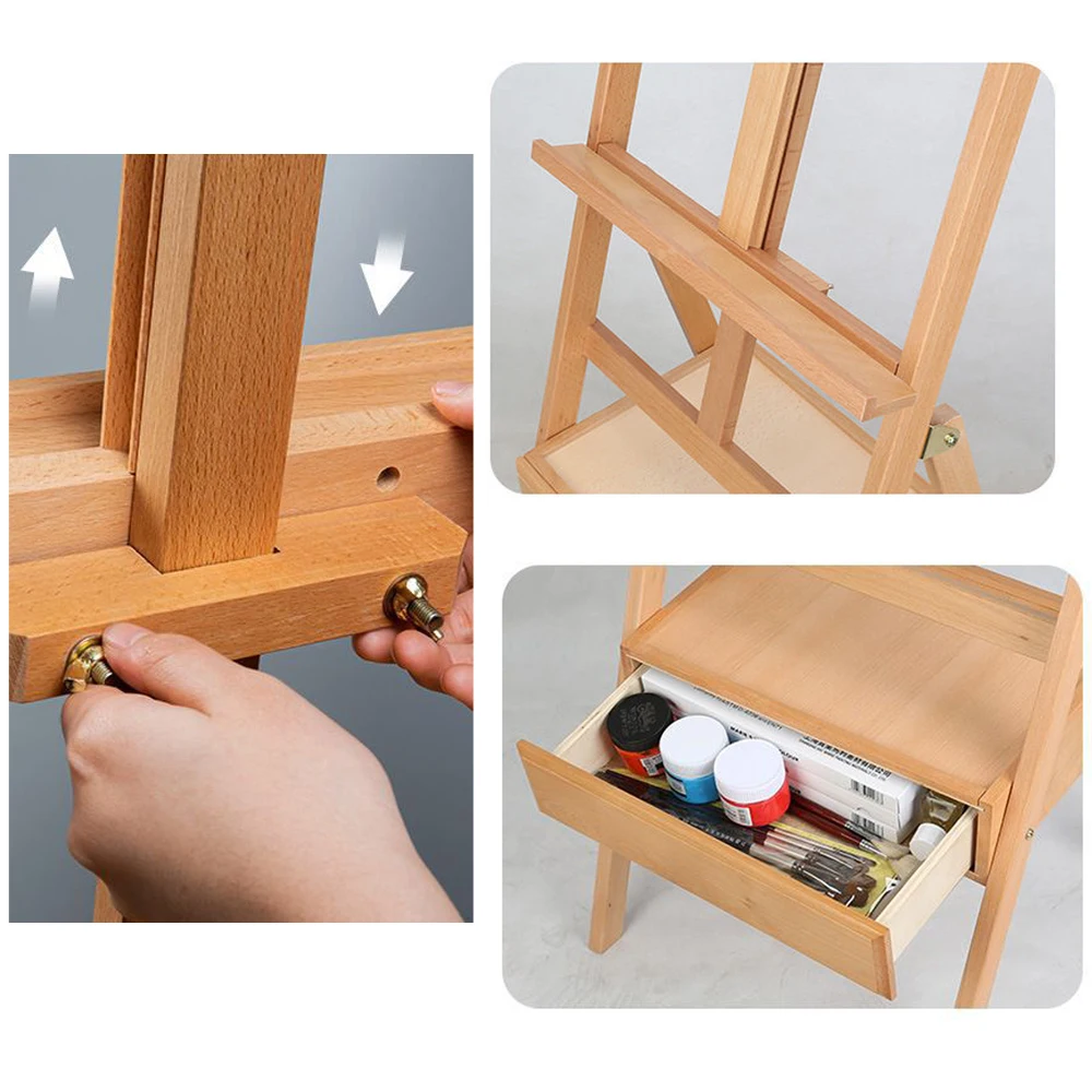 Beech Wood H-Frame Artist Canvas Easel Wooden Artist Studio Easel Stand With Drawer For Oil Painting