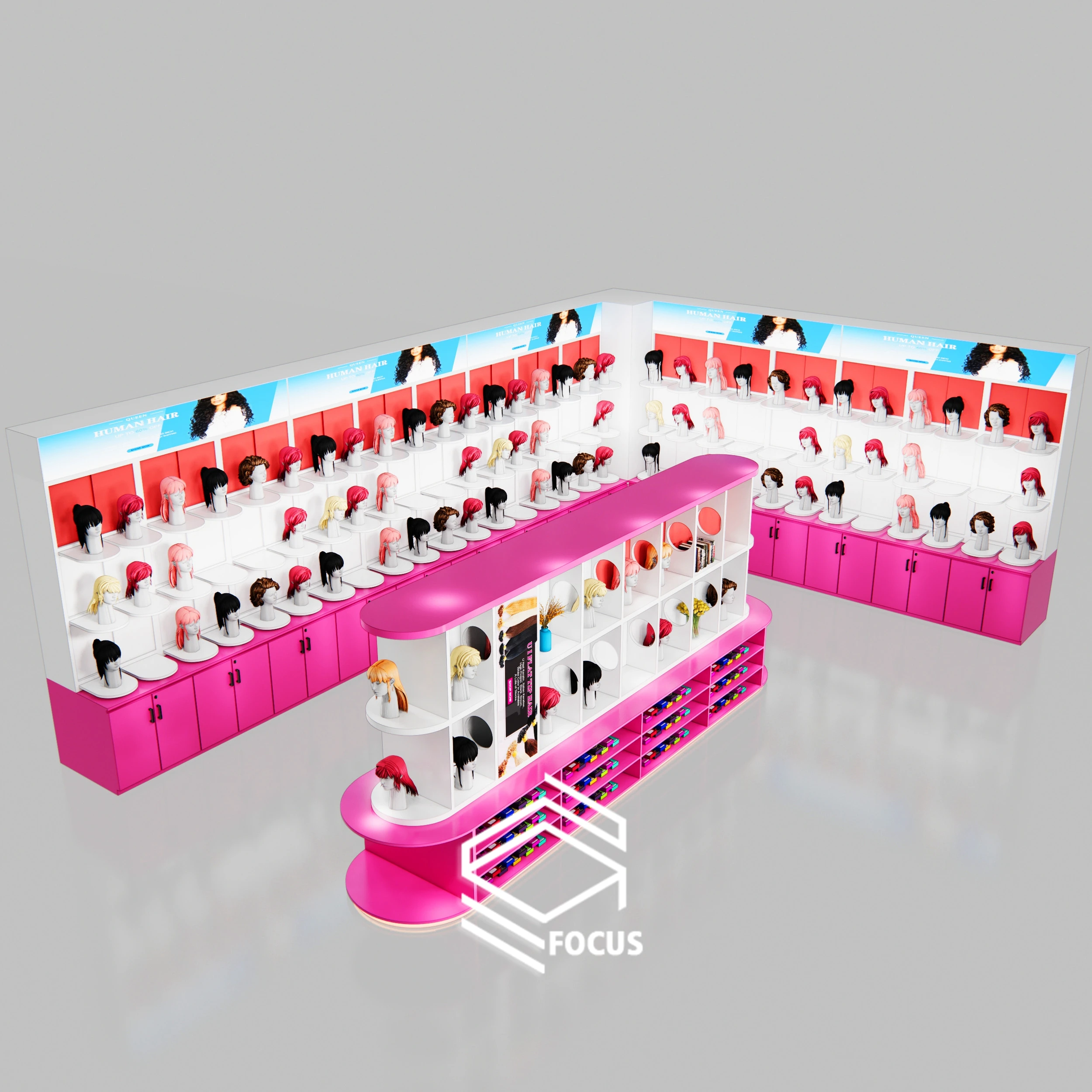 Beauty Shop Wig Display Showcase Furniture Beauty Store Display Hair Extension Salon Wall Display Cabinet For Wig Store Design