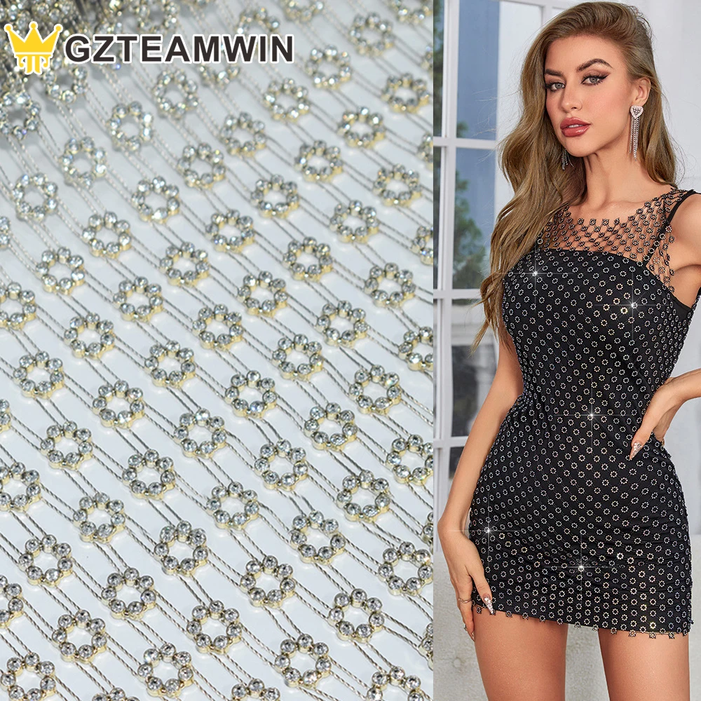 Wholesale Sunflower Flower Shining Rhinestones Mesh Fabric Stretch Crystal Mesh Trim Glitter Rhinestone Fabric For Dress Bags