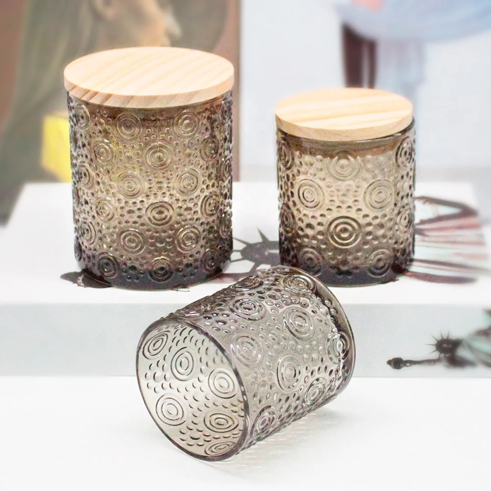 FENGJUN custom wholesale 6oz 11oz 20oz Translucence Blue Brown Gray Regular dots and circles glass candle jar for candle making