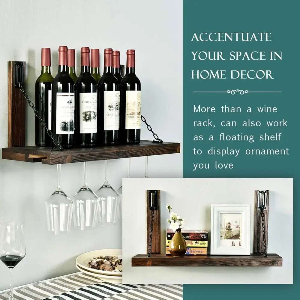 Wall Mounted Wine Rack with Glass Holder  Floating Wine Shelf for Kitchen Rustic Pine Wood