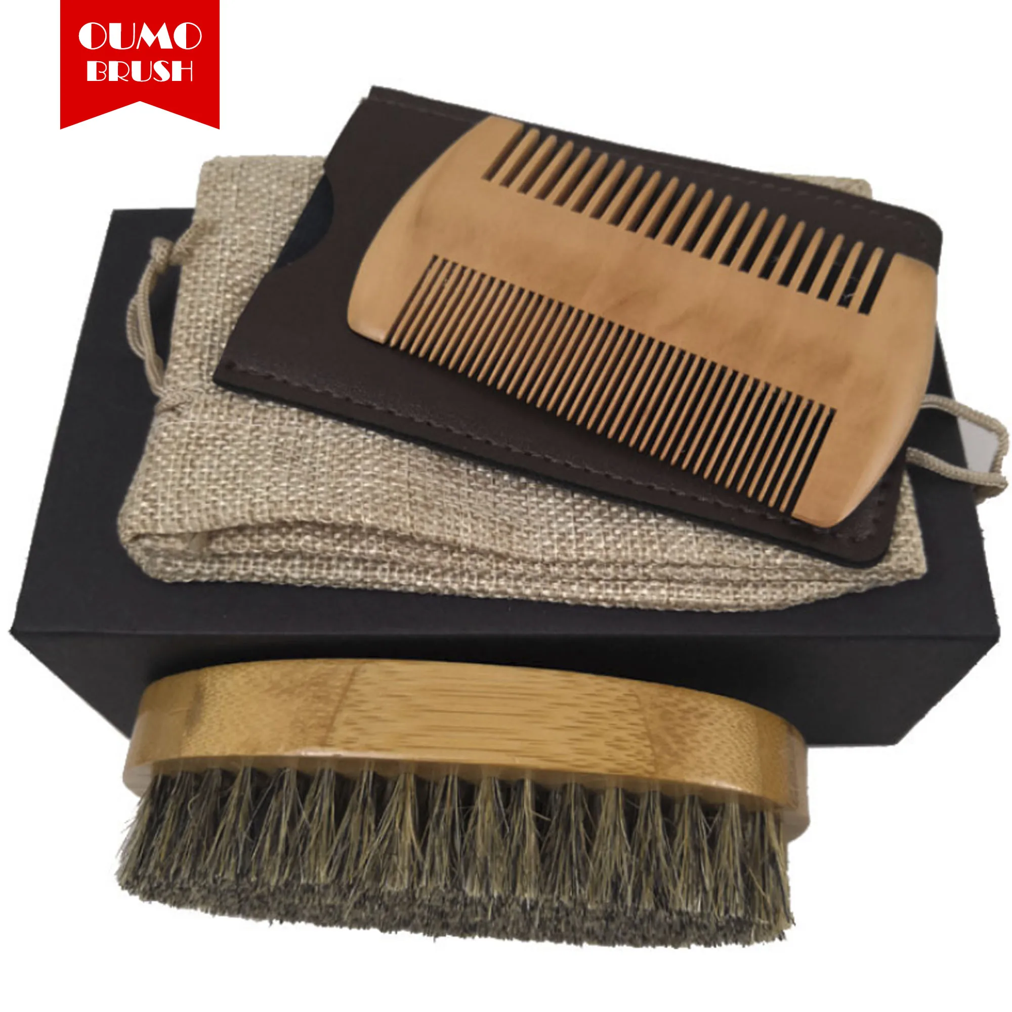 oumo hot sell private label boar bristle hair brush wood comb beard brush kit with gift package