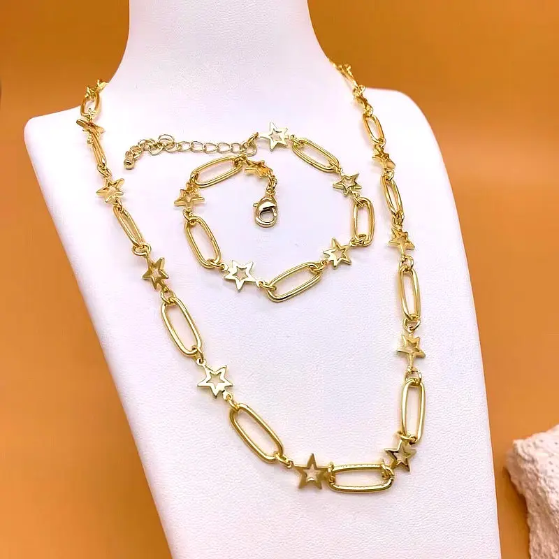 CH-LHN1032 Lovely Gold Star Charm Necklace Gold Star Link Necklace Wholesale Gold Plated Hip Hop Cuban Link Chain Necklace