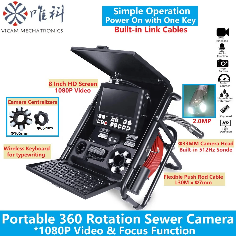 Vicam Portable 33mm 360 Rotation Sewer Camera 8 Inch Screen 1080P Pipe Inspection Camera 512Hz Sonde 30m Drain Pumbling Camera
