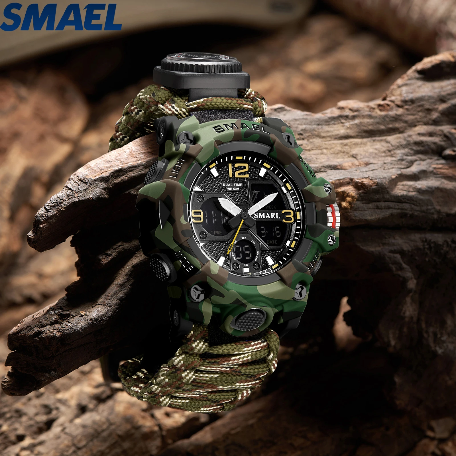 SMAEL Outdoor Survival Nylon Watch Emergency Timing Whistle Compass Thermometer Ignition Alarm Clock Stop Survival Sports Watch