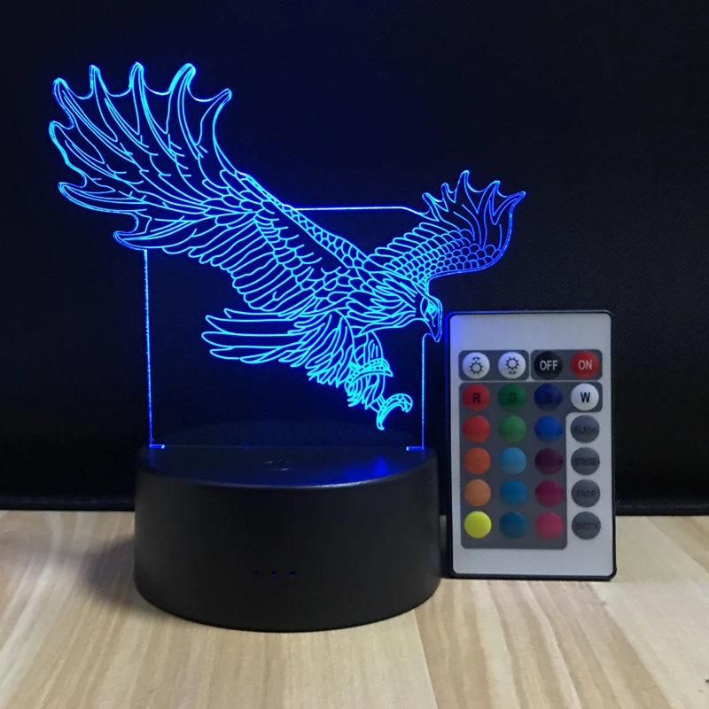 3D Eagle USB Night Light LED Remote Control Table Lamp Illusion 16 Colors Battery Desk Lamp