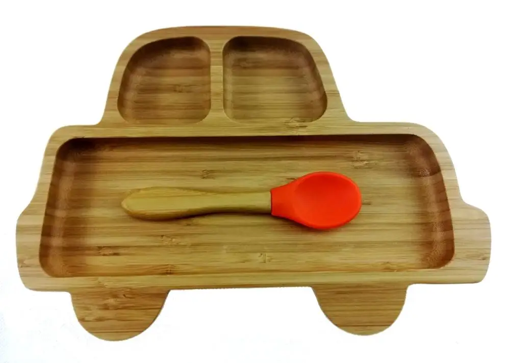 Car Shape Bamboo Baby Toddler Suction Plate, Stay Put Feeding Dinner Dish