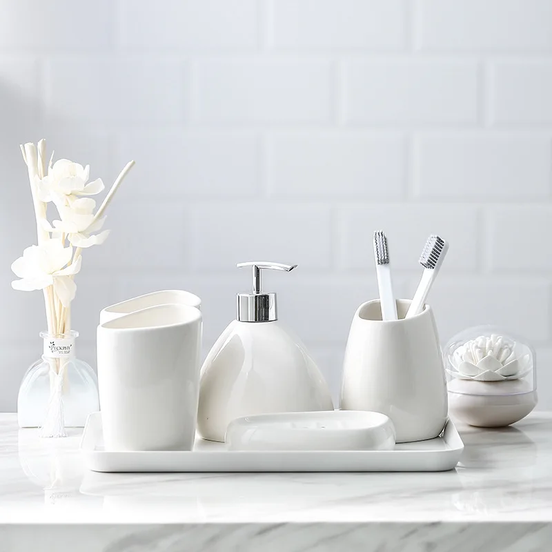 Simple White Porcelain Five-Piece set Hotel Toiletries Bath Bottle Bathroom Toiletry Kit