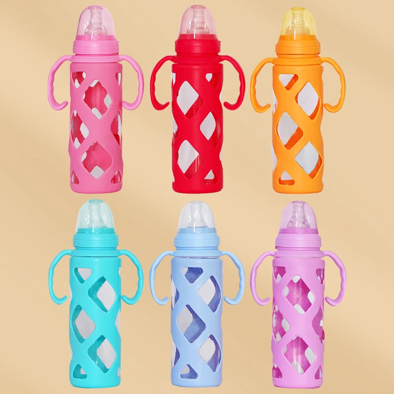Custom 240Ml Baby Feeding Glass Milk Bottle With Silicone Protective Cover Glass Baby Bottle