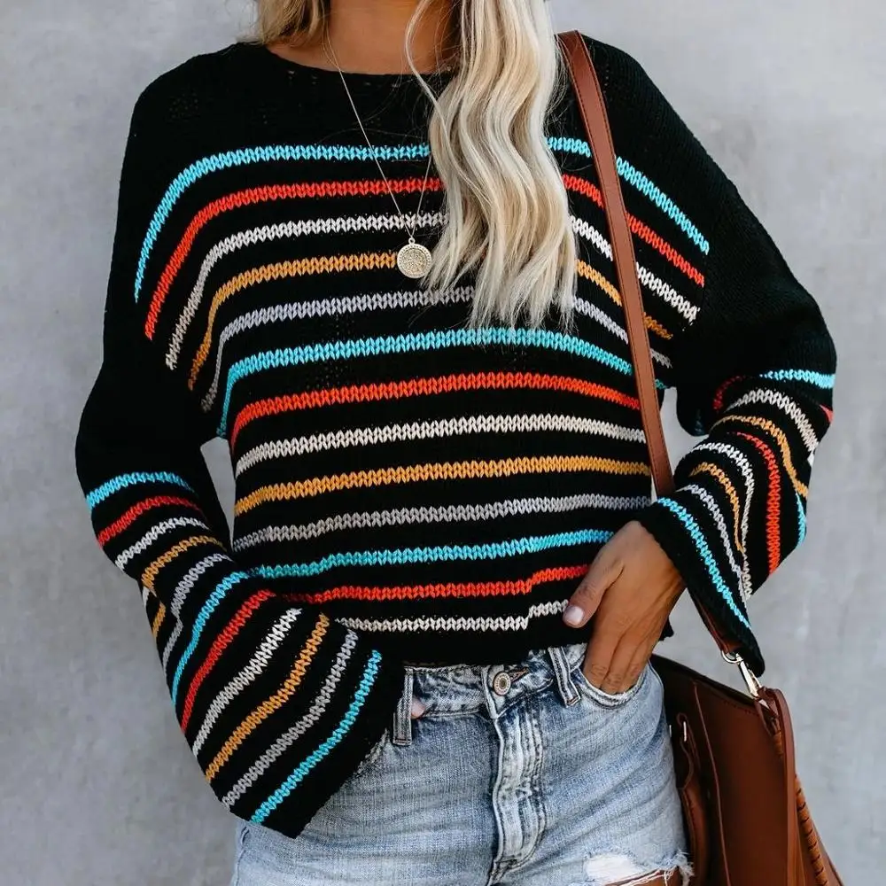 
Fall New Casual Style Rainbow Stripe Top Long Sleeve Women Knitted Sweater On Sale 