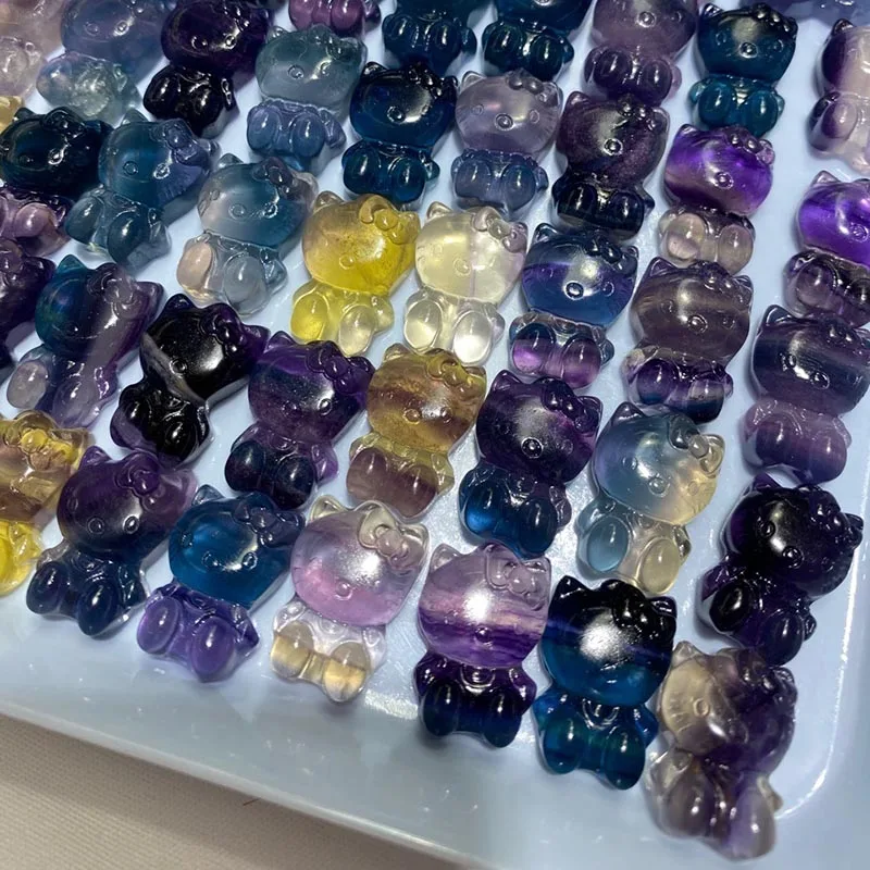 Оптовая продажа натуральный камень Хрустальный флюорит резьба кот драгоценный поделки украшения ручной работы удачи декоративный аксессуар