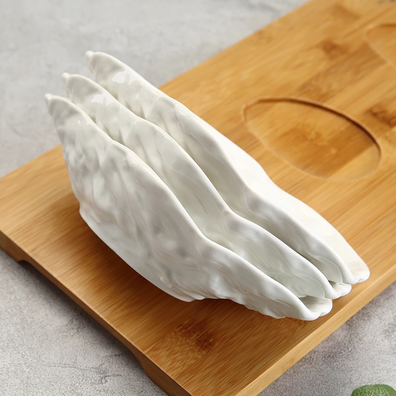 WEIYE 2021 new arrival Oyster shell shape plate set bamboo base white porcelain snack dish Dessert plate