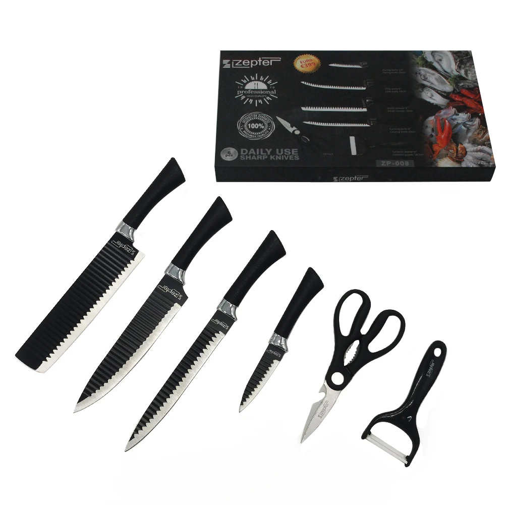 Amazon Hot sale Professional 6pcs kitchen knife set stainless steel black coating blade with non-stick and PP