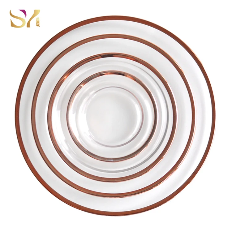 Wholesale clear and rose charger plate Crystal gold rim  luxury  Glass Dinner Plates set for  wedding