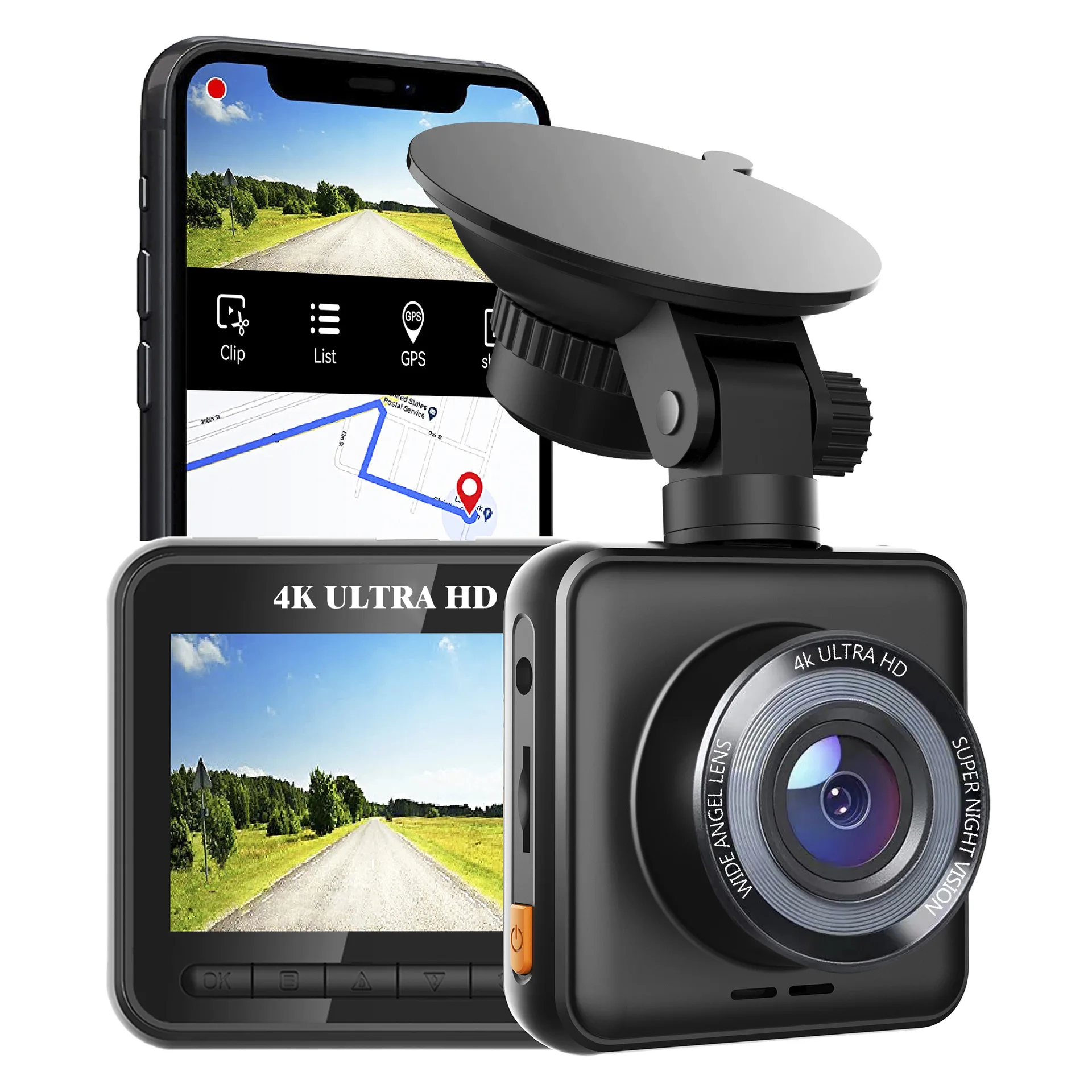 V52 true 4K dash cam 3840 * 2160P standard WiFi recorder with optional external GPS