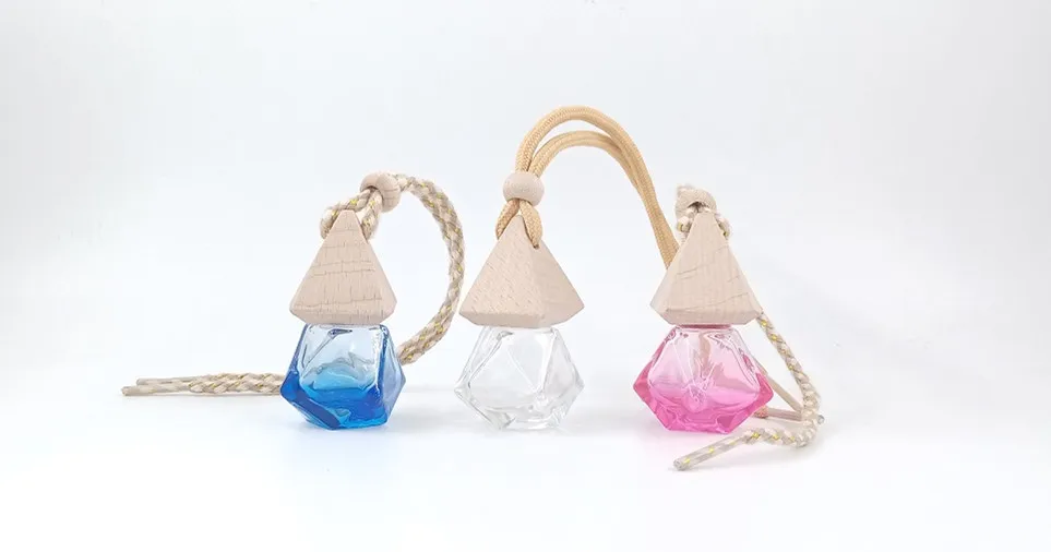 Hot sale Yellow Gradient 8ml Hanging Car Perfume Empty Glass Bottles With Triangle Wooden Cap