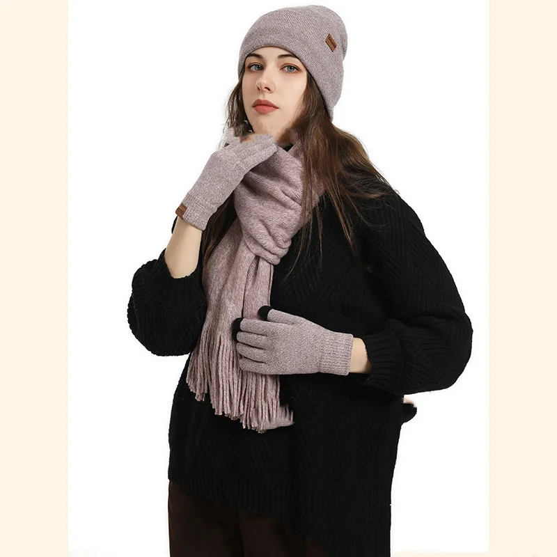 Wholesale Winter Fashion Knitted Beanie Scarf Gloves Three Piece Set With Plush Insulation Stylish Designer Winter Set