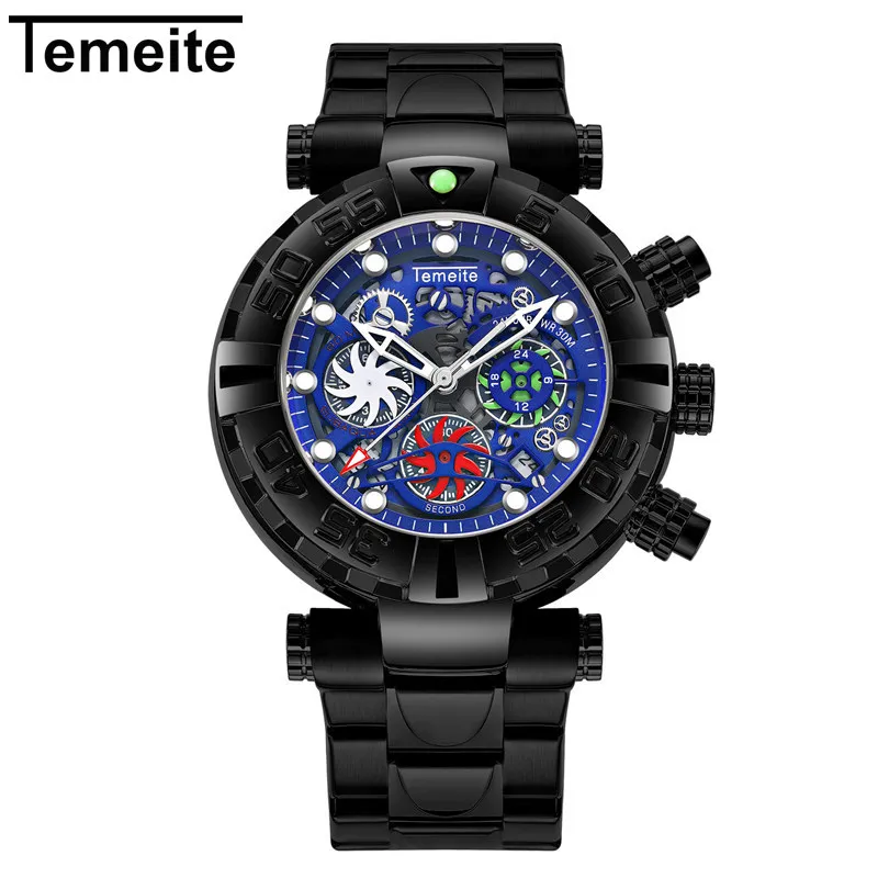 TEMEITE New Brand Mens Wristwatches Quartz Multifunction Stainless Steel Man Watches Waterproof Luxury Gold Chronograph Creative