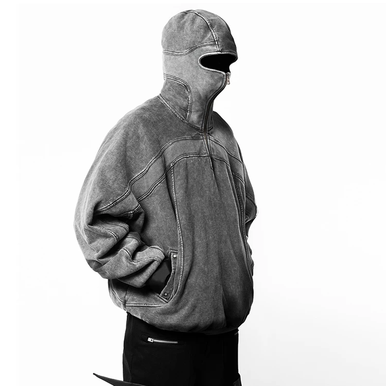 huilin wholesale manufacture heavyweight 100% cotton ninja hoodie men custom half face vintage wash patchwork hoodie