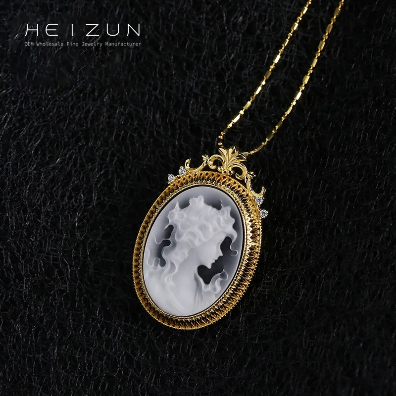 Customized S925 Silver Gold Plated Zircon Jewelry 3D Carved Black Agate Cameo Girl Portrait Brooch Pendant