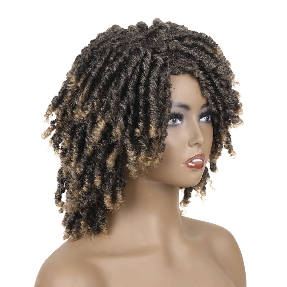 Black Brown Grey Short Curly Twist Dreadlocks Wigs Heat Resistant Faux Locs Synthetic Hair Wig for Women and Men Daily Party Use