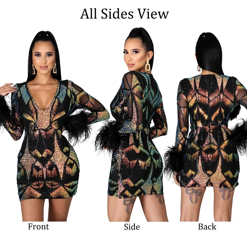  2021 Women Sexy Long Sleeve See Through Fur Crystal Sequined Mesh Dress for Club Party