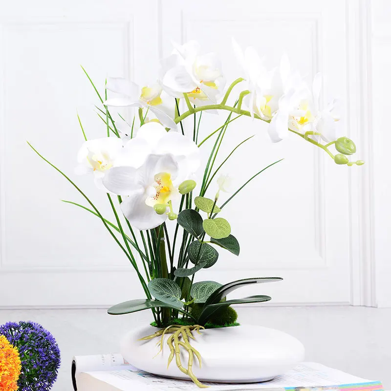 Decor Orchid Artificial Flowers White Orchid Plant 12 Heads Flower Artificial Orchid with Pot
