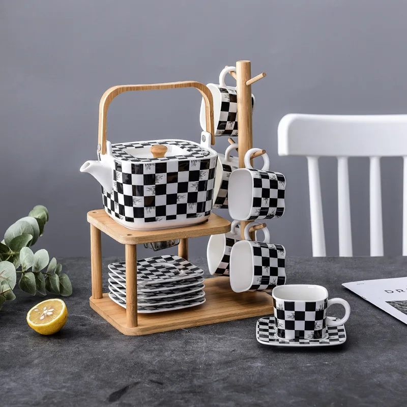 Фарфоровый чайный сервиз Подарочный кофейный с деревянным держателем китайский и 6 чашек блюдцем