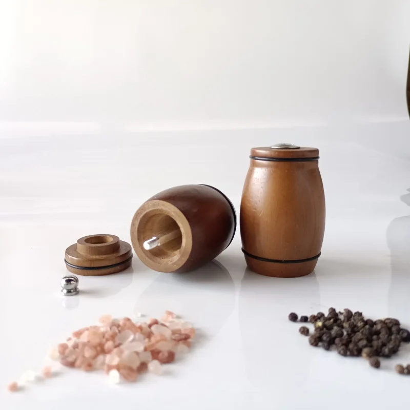 Mini Wooden Pepper & Salt Grinder Set Barrel-shaped One Hand Pepper Shaker Set for Kitchen Use Portable & Storage