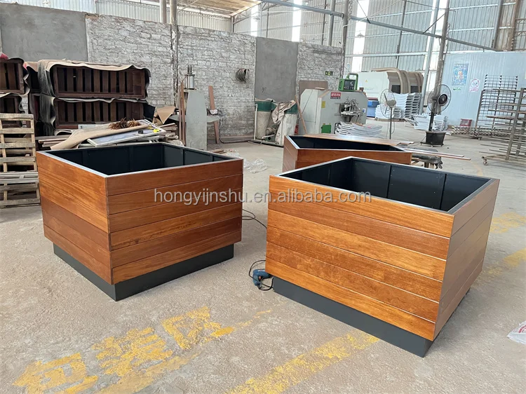 Customized Rectangular Solid Wood Flower Planter Pot Stainless Steel Moving Plant Box for Street Public