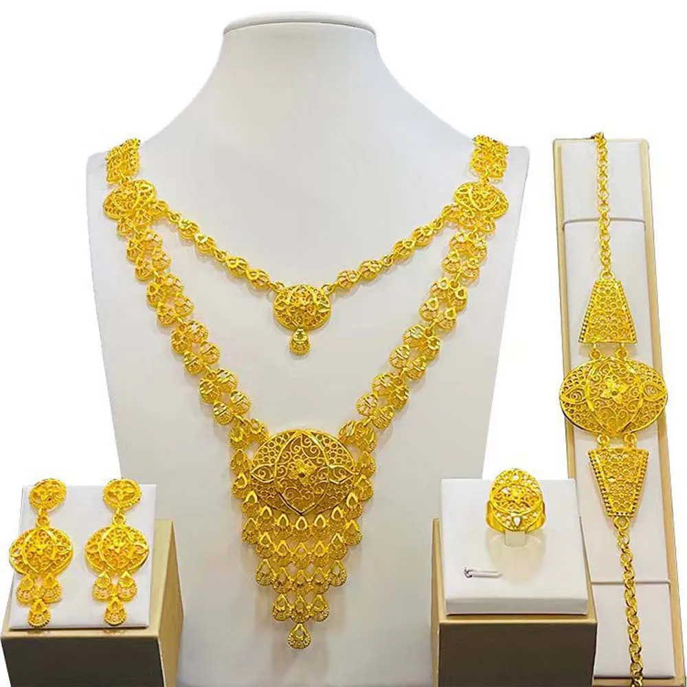 Plated Jewelry Set Women Necklace Bracelet Earrings Ring Fashion Jewelry Sets Gold Alloy 2023 Dubai Trendy Middle East Wedding