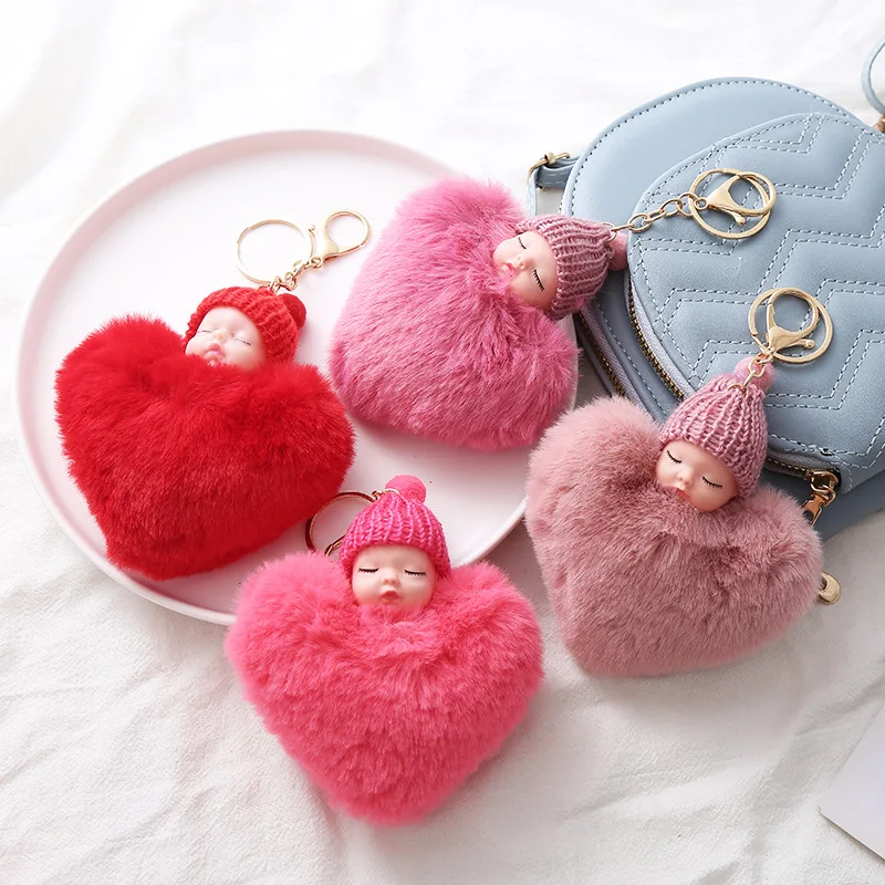 XR kawaii False rabbitfur sleeping baby doll Heart Pompom keychain for girls sweet Plush sleepy baby keychain